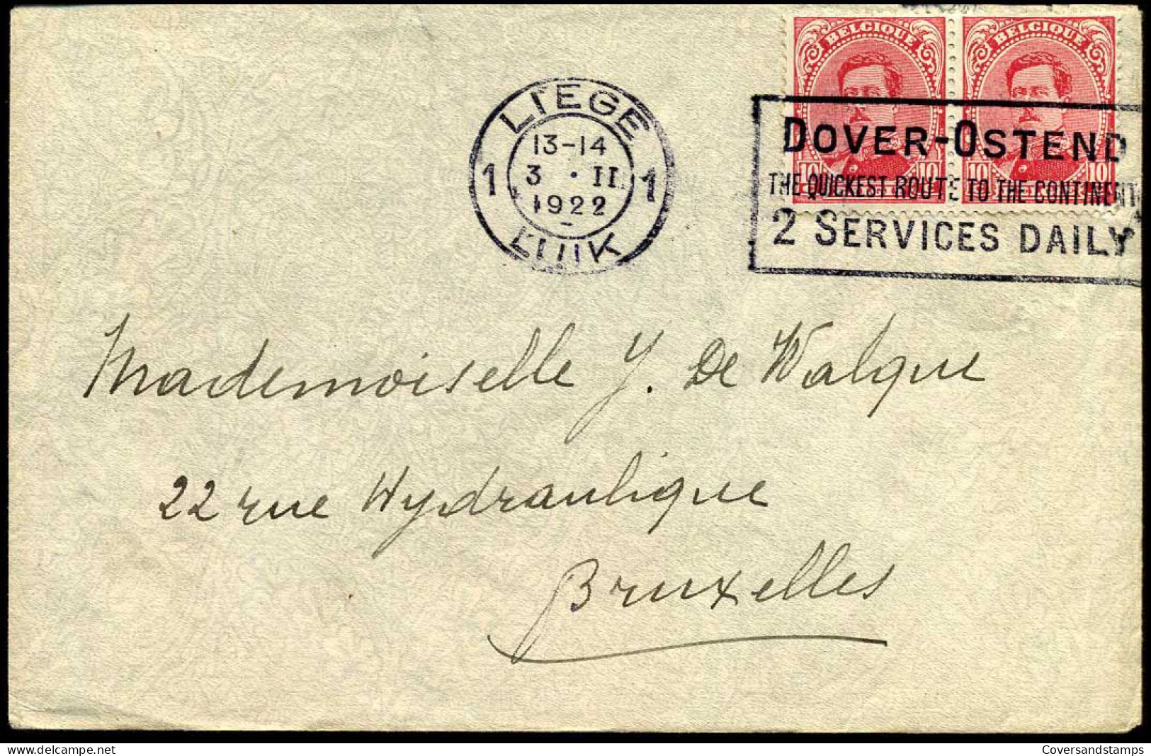 Cover From Liège To Bruxelles - 2 X 138 - "Dover-Ostend, 2 Services Daily" - 1915-1920 Albert I.