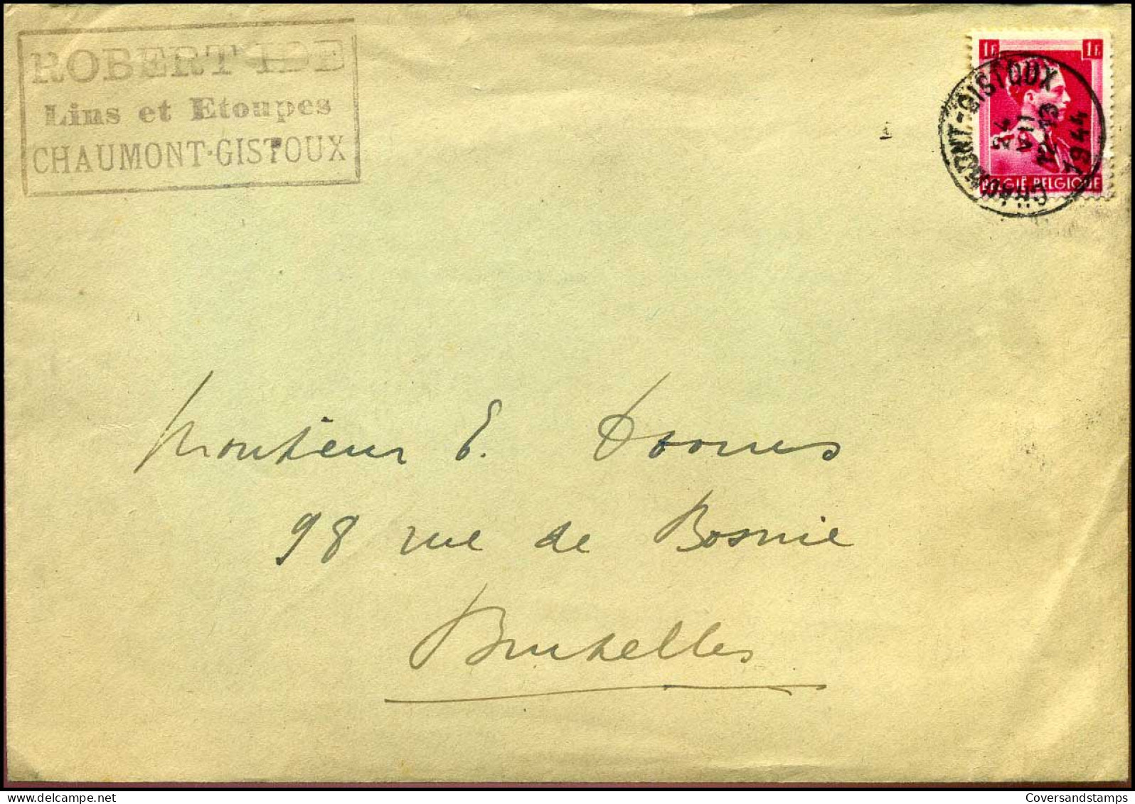 Cover From Chaumont-Gistoux To Bruxelles - 1936-1957 Collar Abierto