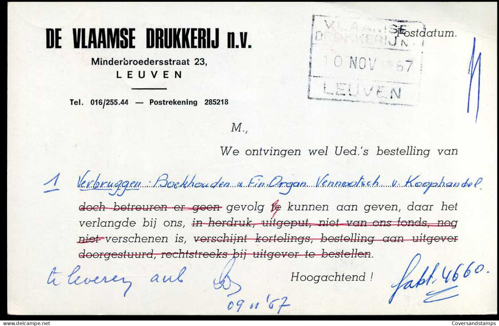 Postkaart Van Leuven Naar Gent - "De Vlaamse Drukkerij N.V." - Briefe U. Dokumente
