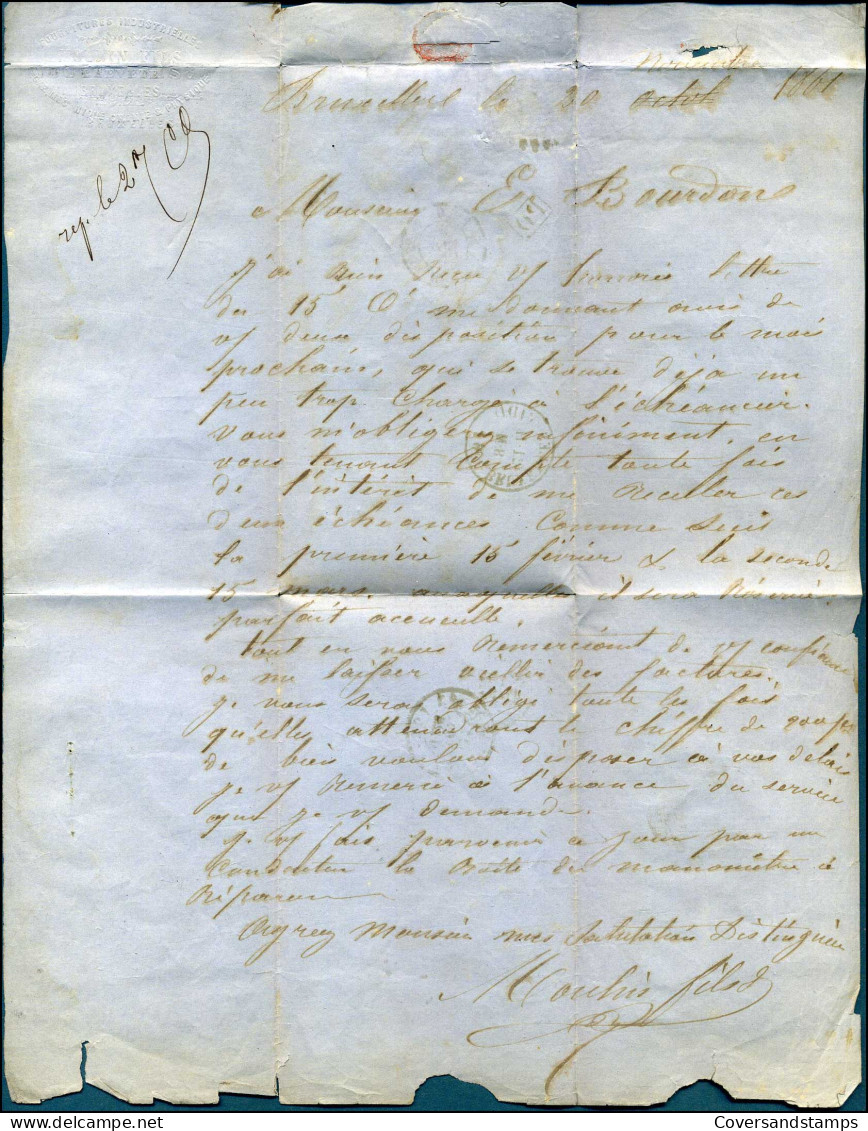 Brief / Lettre - Van Bruxelles Naar Paris 1861 - Andere & Zonder Classificatie