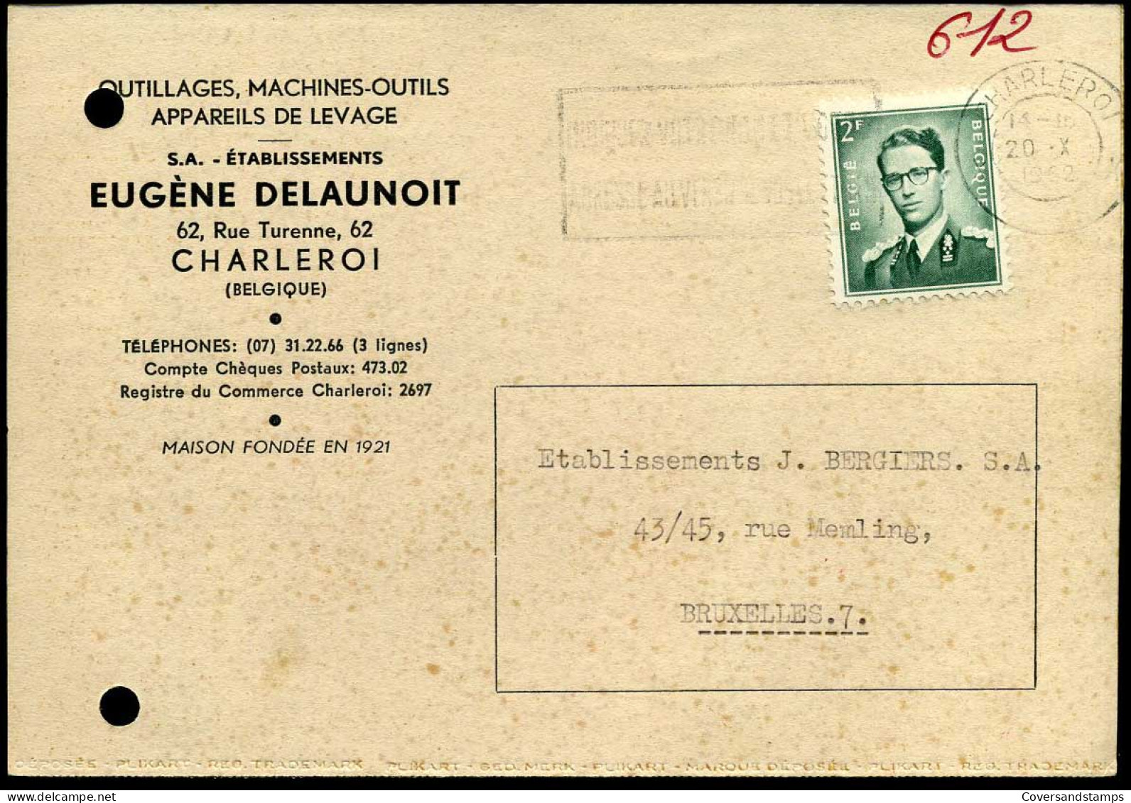 Post Card From Charleroi To Bruxelles - "Eugène Delaunoit, Outillages, Machines-outils, Appareils De Levage" - Cartas & Documentos