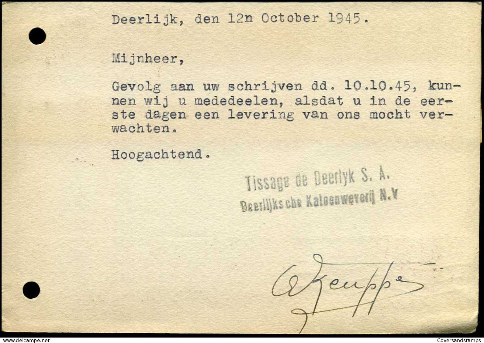Post Card From Deerlijk To St-Andries-Brugge - "Tissage De Deerlijk S.A." - 1935-1949 Kleines Staatssiegel