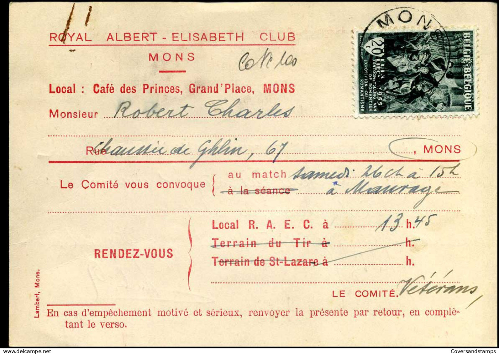 Post Card From And To Mons - "Royal Albert-Elisabeth Club" - 1935-1949 Kleines Staatssiegel
