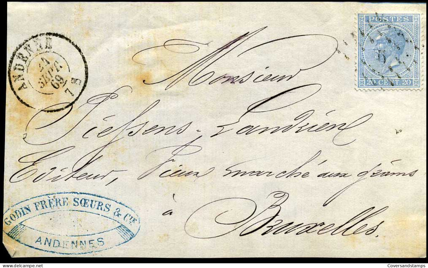 Cover Front Frm Andenne To Bruxelles - N° 18 - "Godin Frère Soeurs & Cie, Andennes" - 1865-1866 Profiel Links