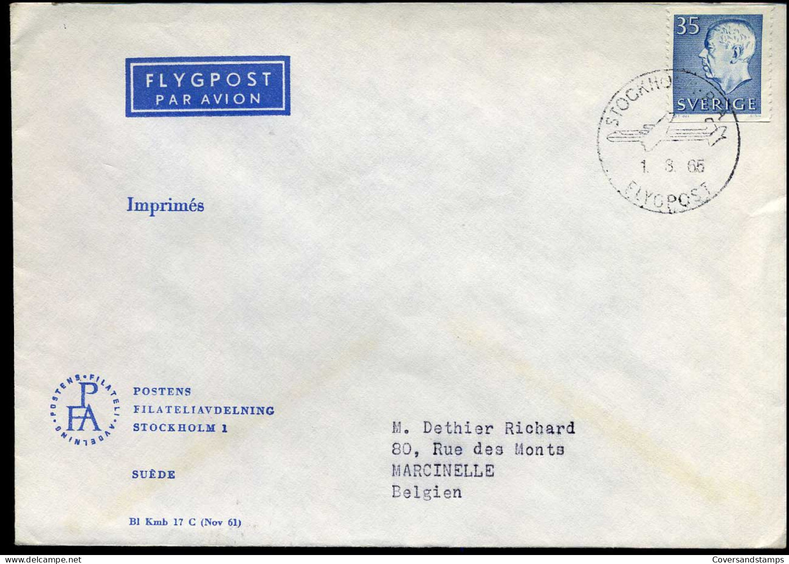 Cover From Stockholm To Marcinelle, Belgium - Lettres & Documents