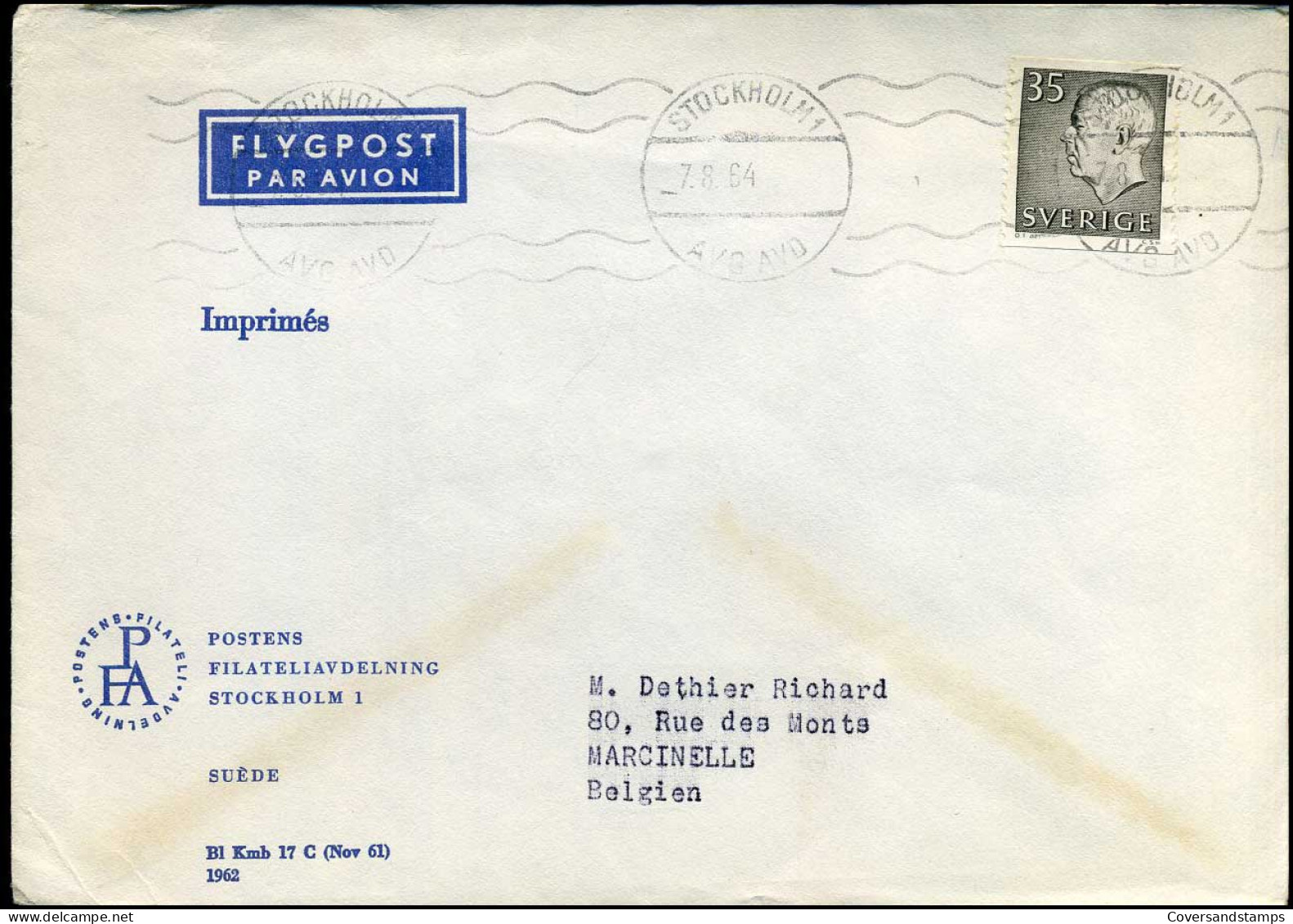 Cover From Stockholm To Marcinelle, Belgium - Cartas & Documentos