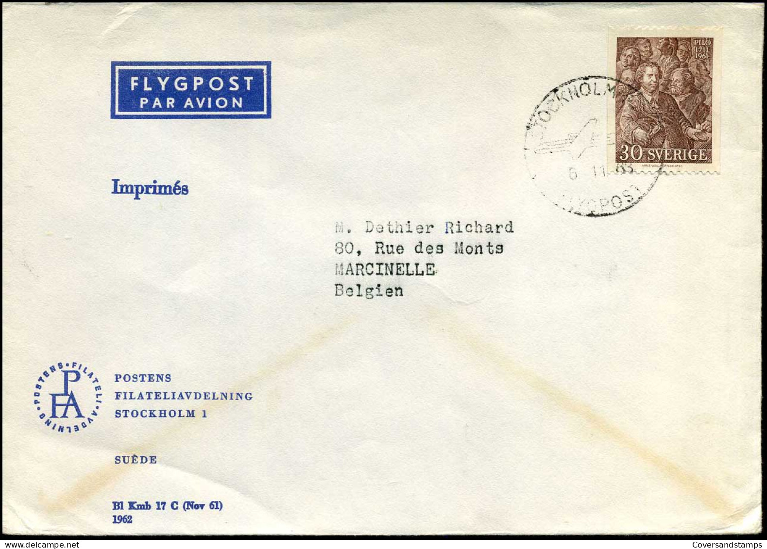 Cover From Stockholm To Marcinelle, Belgium - Covers & Documents