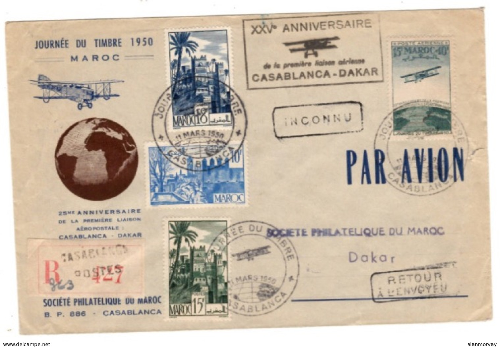 French Morocco - March 11, 1950 Registered Casablanca First Flight Cover To Senegal - Autres & Non Classés