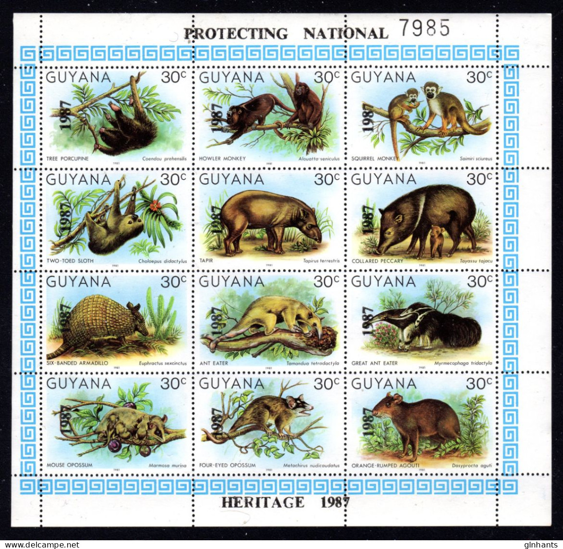 GUYANA - 1987 WILDLIFE ANIMALS SHEETLET OVERPRINTED WITH YEAR & PROTECTING NATIONAL HERITAGE FINE MNH ** SG 2244a - Guyane (1966-...)