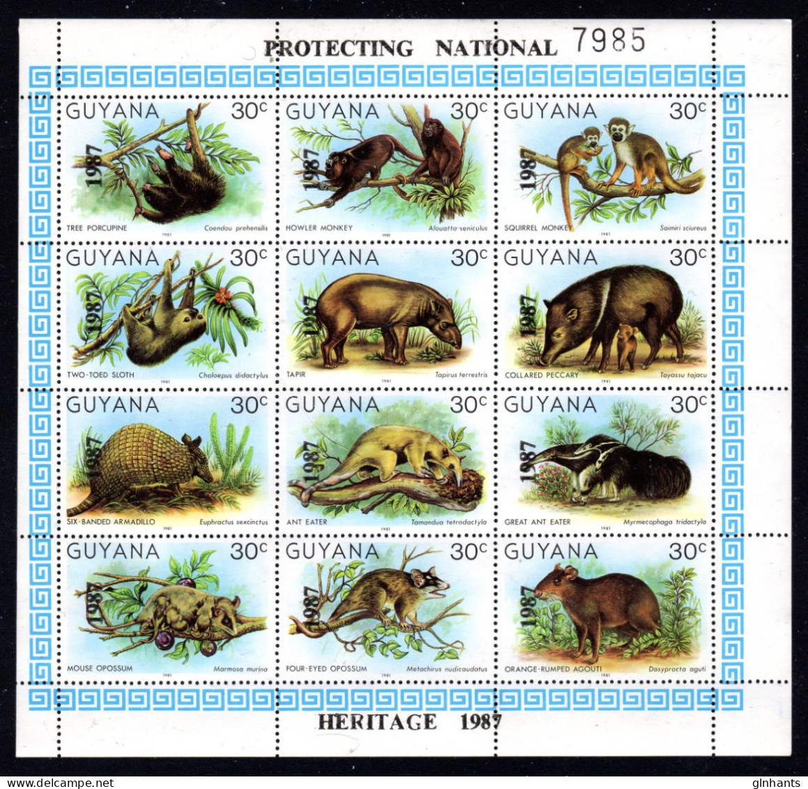 GUYANA - 1987 WILDLIFE ANIMALS SHEETLET OVERPRINTED WITH YEAR & PROTECTING NATIONAL HERITAGE FINE MNH ** SG 2244a - Guyana (1966-...)