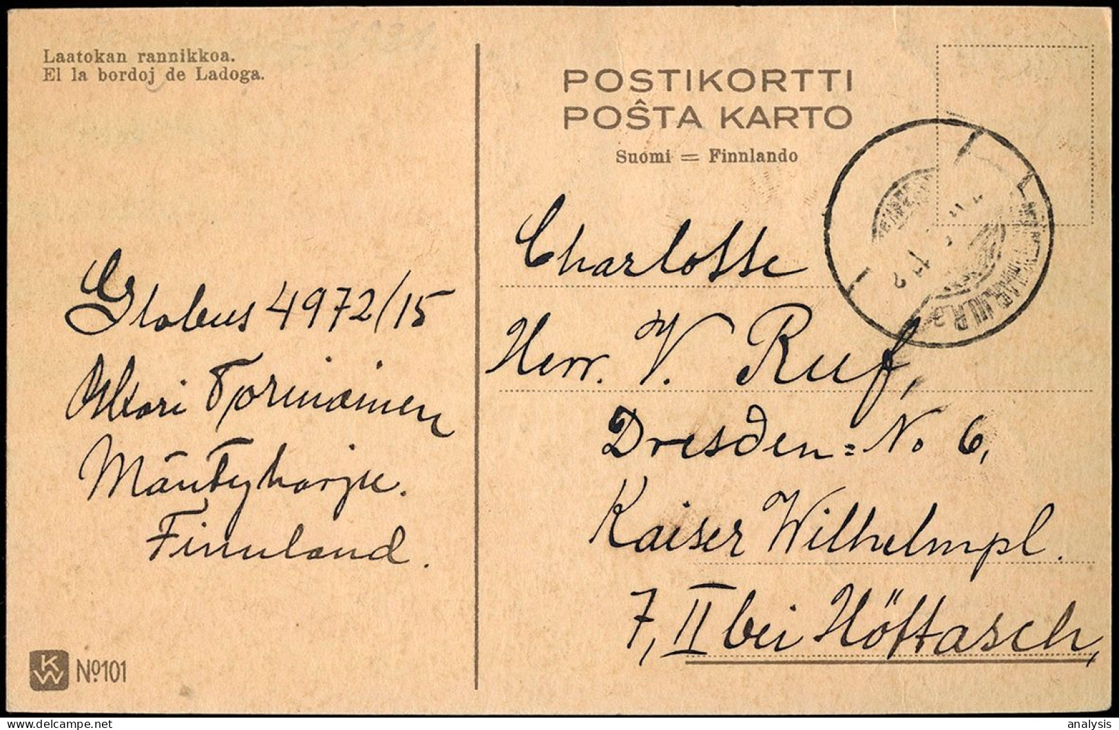 Finland Mäntyharju Postcard Mailed To Germany 1920s. 90P Rate. Esperanto Motifs. Lake Ladoga View - Cartas & Documentos