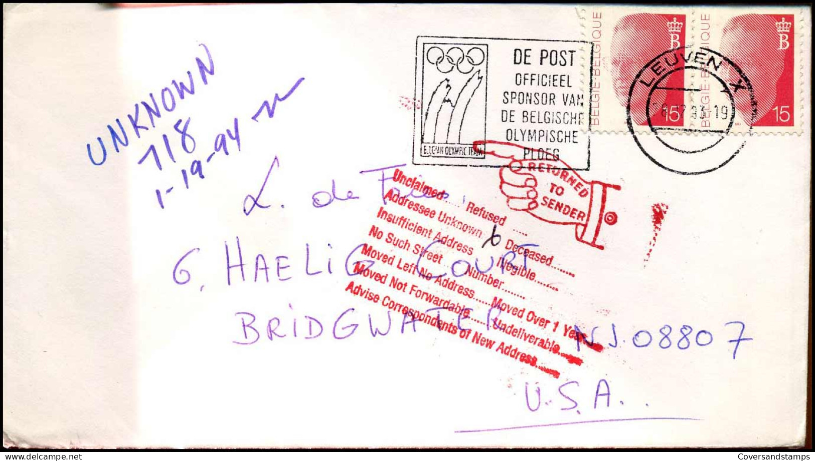 2 X N° 2450 Op Cover Naar Bridgewater, U.S.A. 'Returned To Sender' - 1990-1993 Olyff