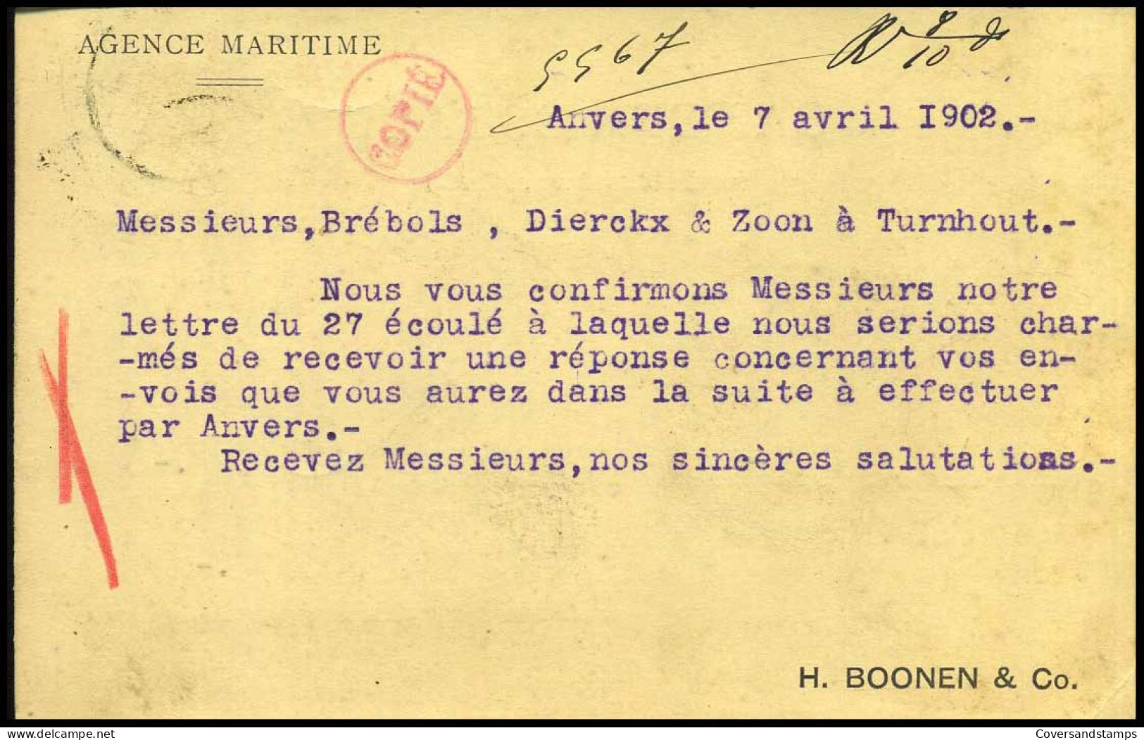 68 Op Carte Postale Van Anvers Naar Turnhout Op 08/04/1902 - 'Agence Maritime H. Boonen & Co' - 1893-1907 Armarios