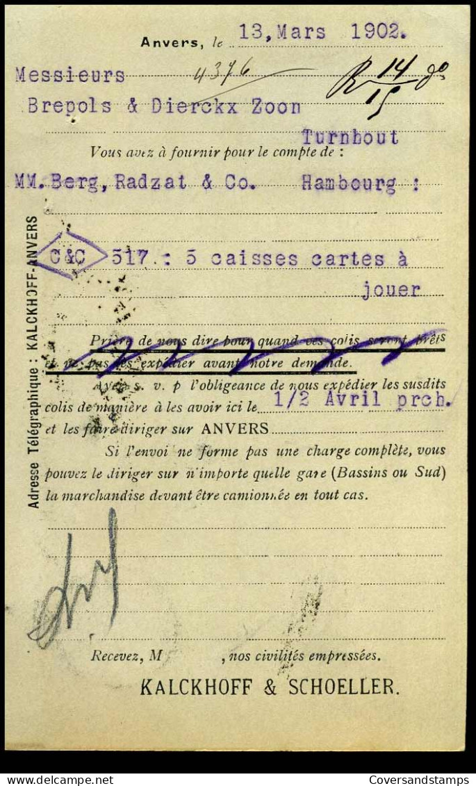 68 Op Carte Postale Van Anvers Naar Turnhout Op 14/03/1902 - 'Kalckhoff & Schoeller, Anvers' - 1893-1907 Armarios