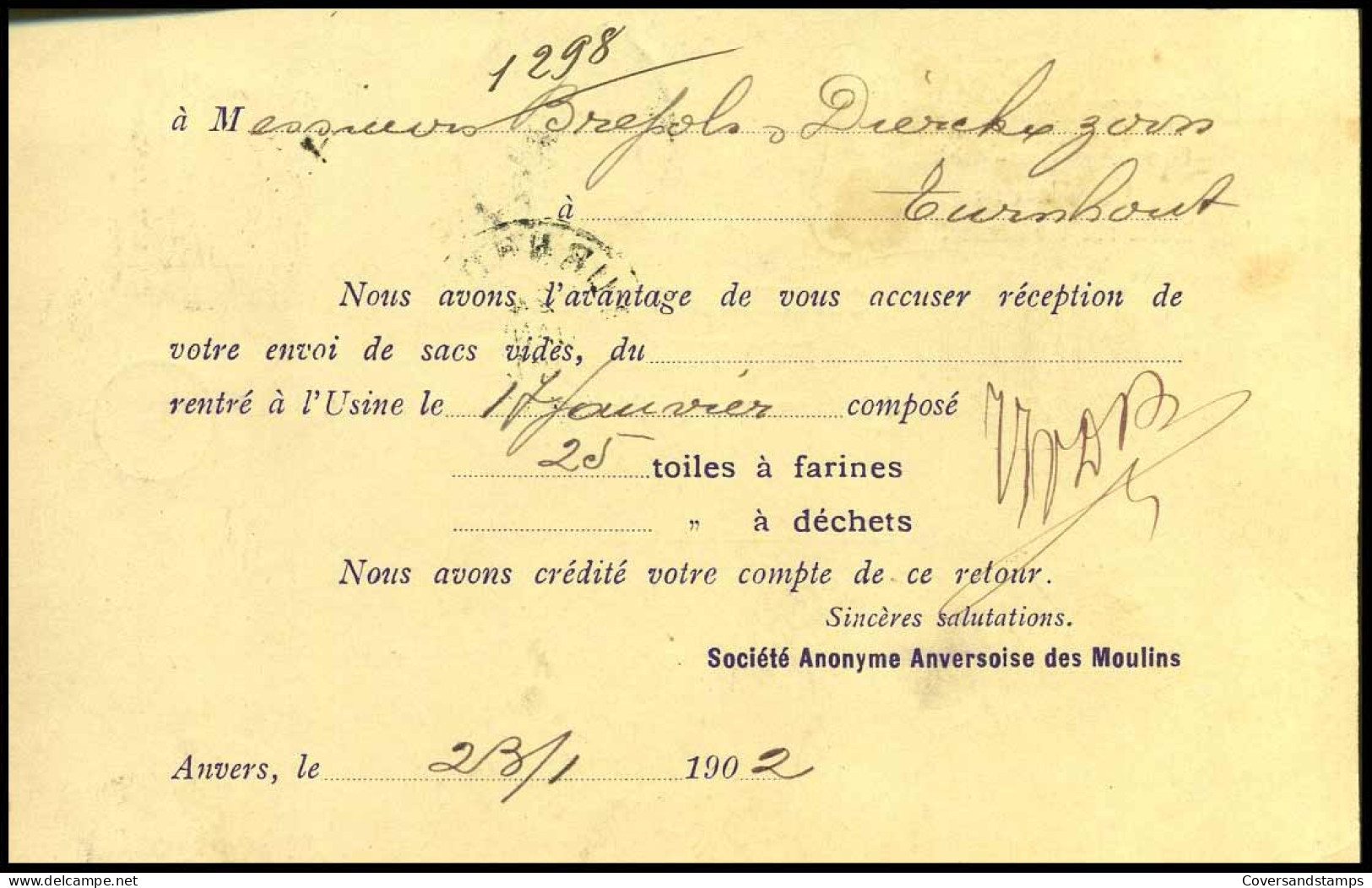 68 Op Carte Postale Van Anvers Naar Turnhout Op 24/01/1902 - 'Société Anonyme Anversoise Des Moulins, Merxem' - 1893-1907 Armarios