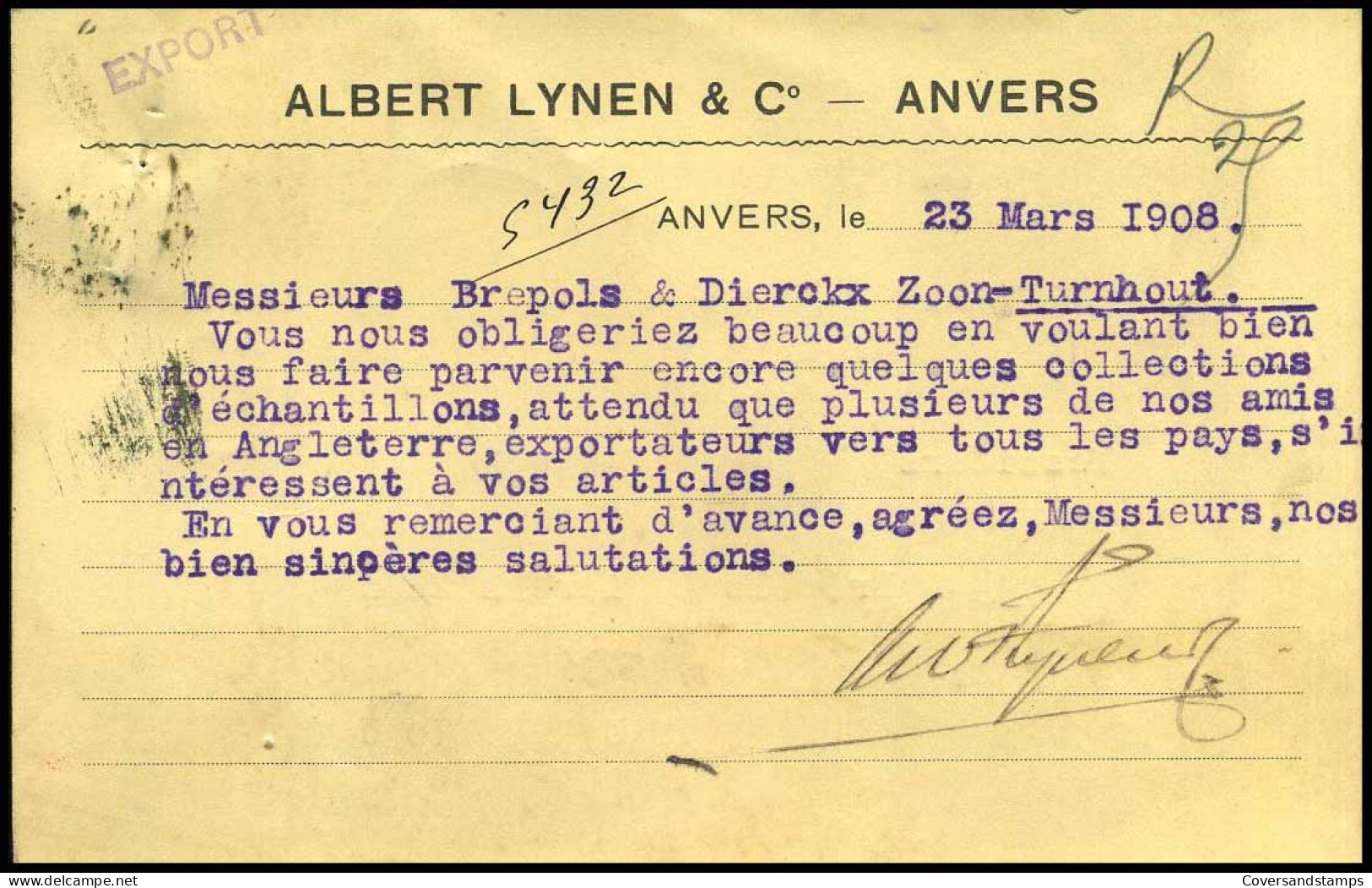 68 Op Carte Postale Van Anvers Naar Turnhout Op 24/03/1902 - 'Albert Lynen & Co, Anvers' - 1893-1907 Wappen