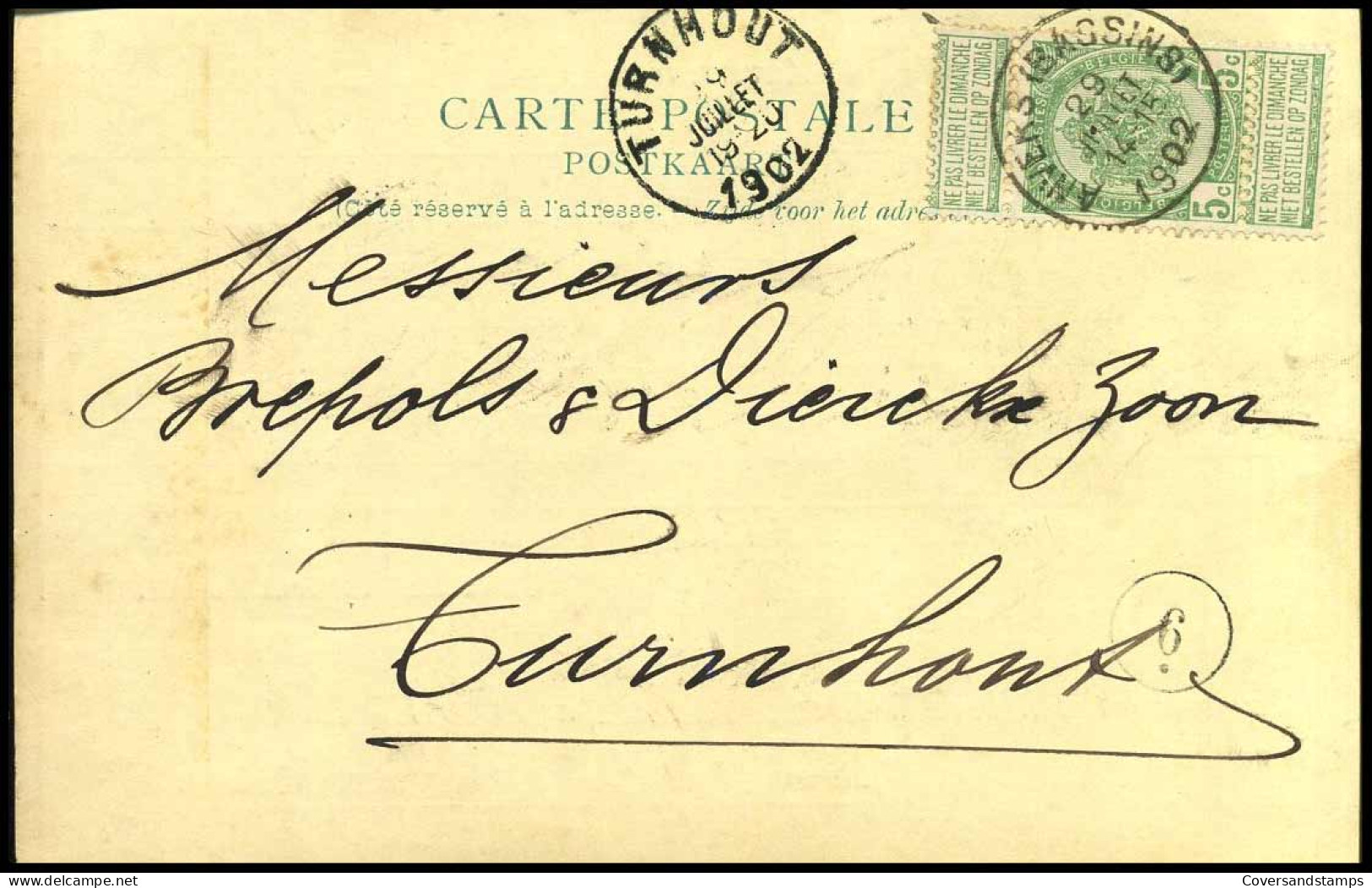68 Op Carte Postale Van Anvers Naar Turnhout Op 29/07/1902 - 'Sasse, Anvers' - 1893-1907 Armoiries