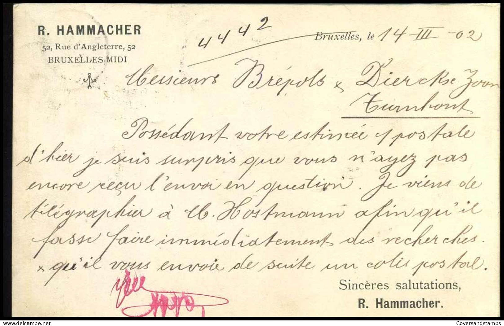 68 Op Carte Postale Van Bruxelles Naar Turnhout Op 14/03/1902 - 'R. Hammacher, Bruxelles-Midi' - 1893-1907 Coat Of Arms