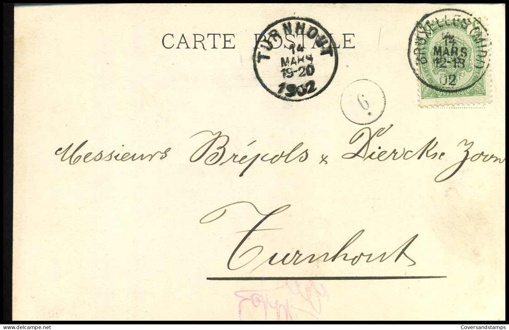 68 Op Carte Postale Van Bruxelles Naar Turnhout Op 14/03/1902 - 'R. Hammacher, Bruxelles-Midi' - 1893-1907 Armarios