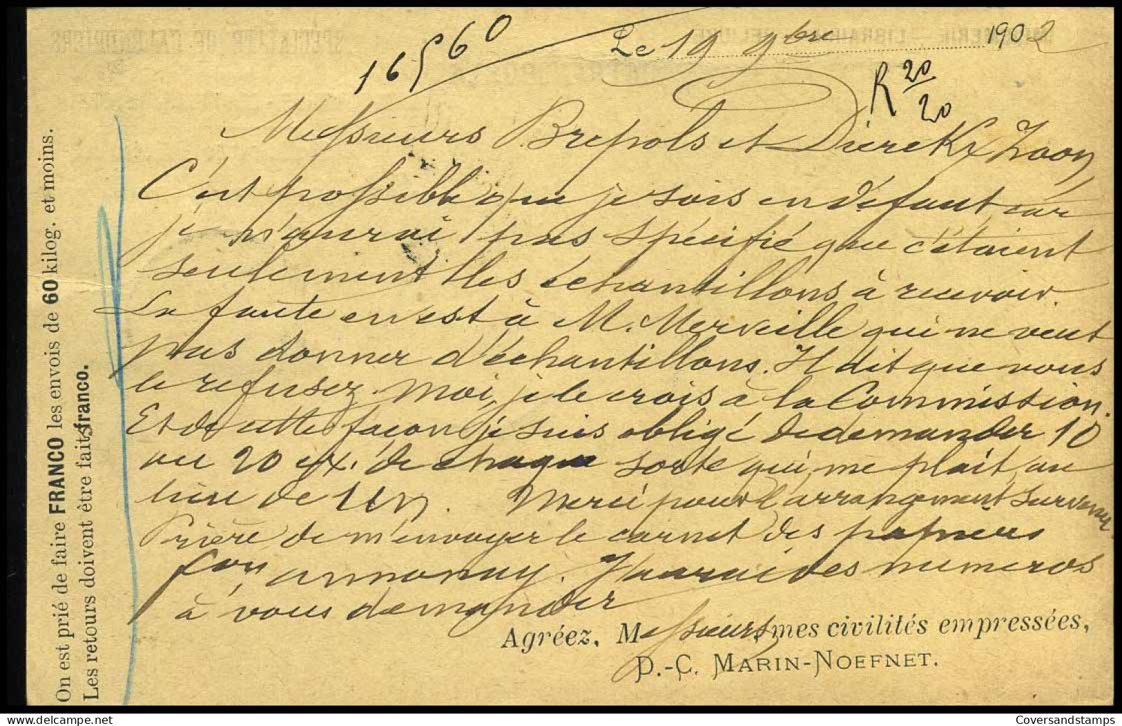 68 Op Carte Postale Van Mons Naar Turnhout Op 20/11/1902 - 'Papeterie En Gros D.-C. Marin-Noefnet, Mons' - 1893-1907 Armarios