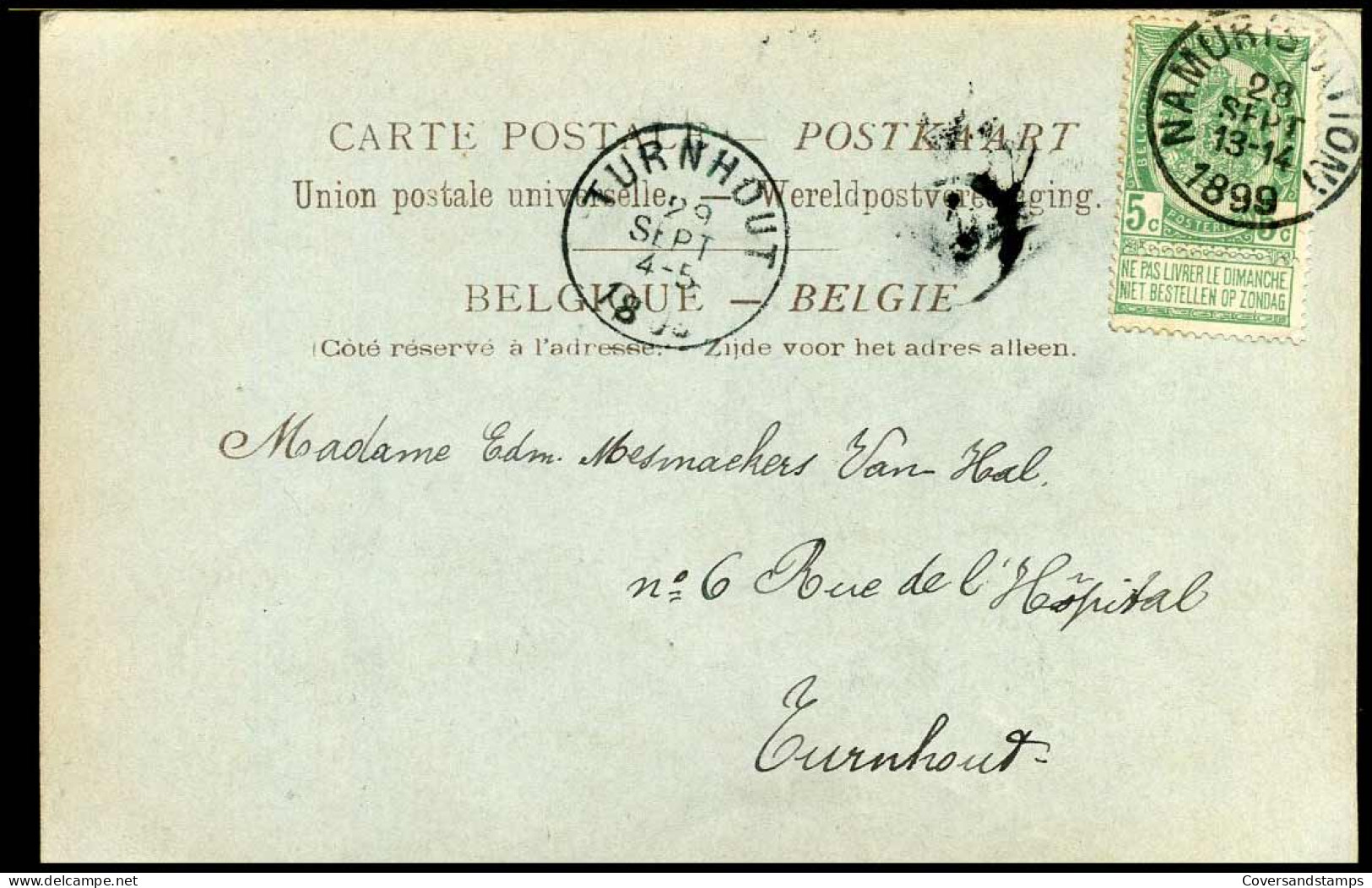 68 Op Postkaart / Carte Postale Van Namur Naar Turnhout Op 29/09/1899 - 1893-1907 Coat Of Arms