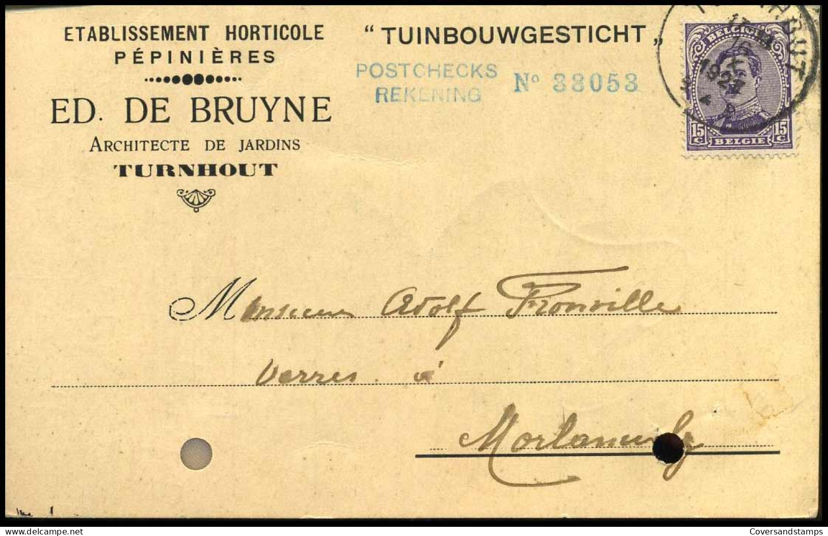139 Op Carte Postale VanTurnhout Naar Morlanwelz - 16/09/1921 - 'Etablissement Horticole - Tuinbouwgesticht' - 1915-1920 Albert I.