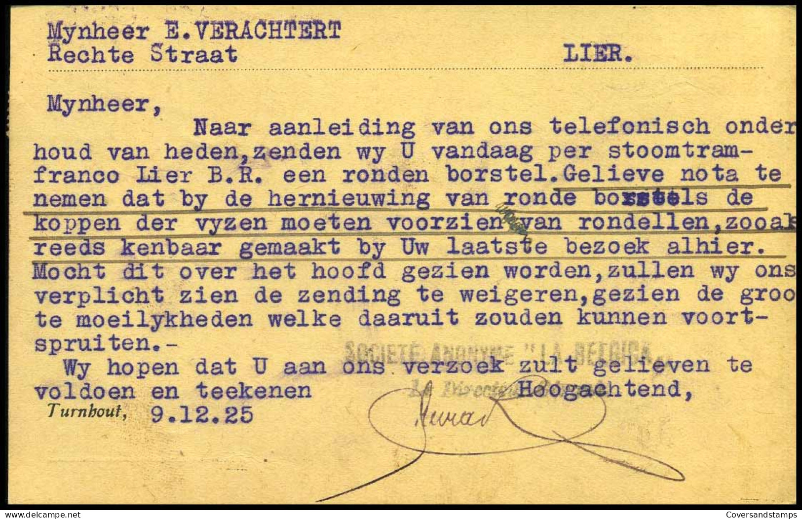 195 Op Postkaart Van Turnhout Naar Lier - 09/12/1925 - 'Société Anonyme La Belgica, Turnhout' - 1922-1927 Houyoux