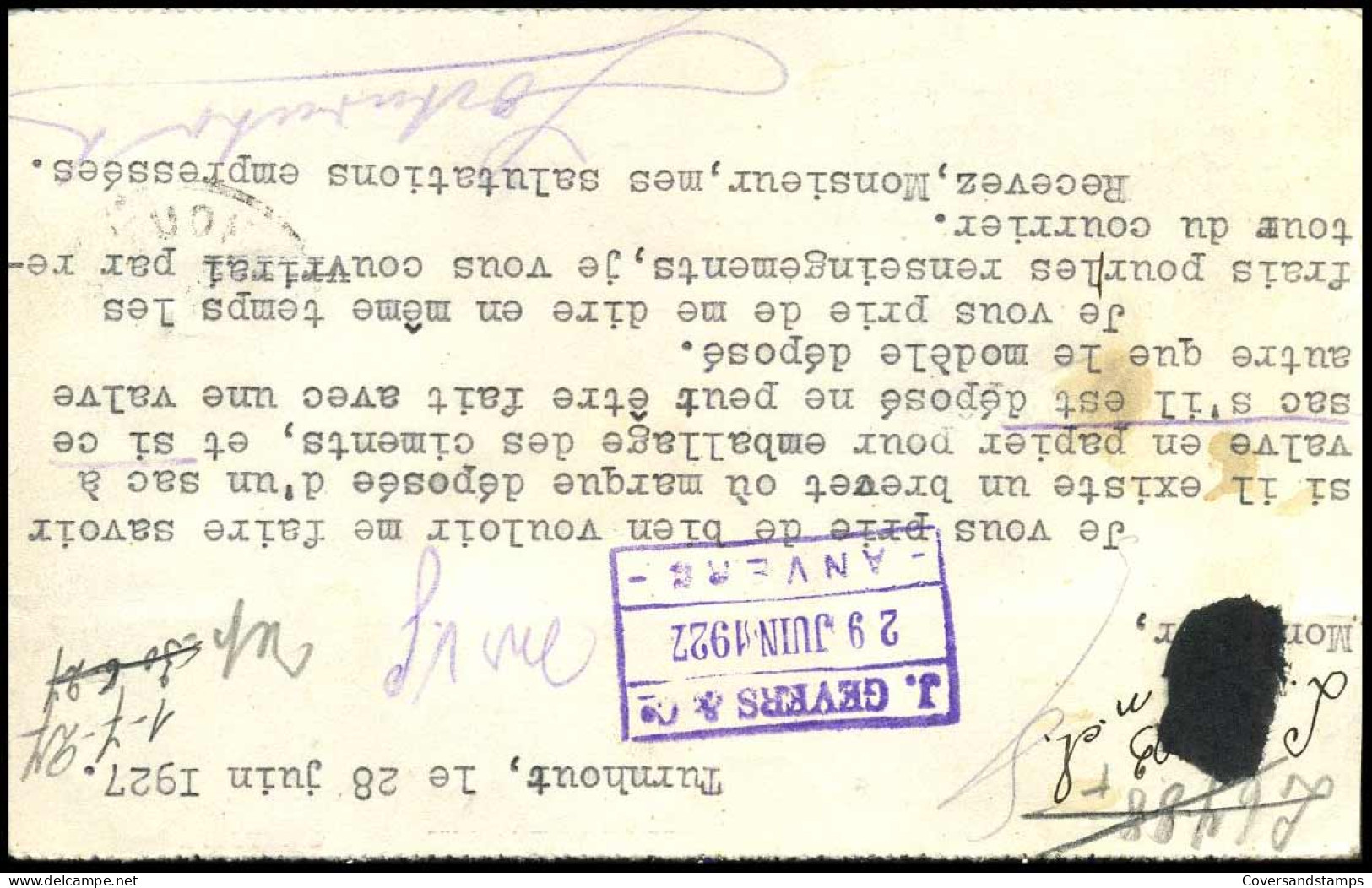 199 Op Postkaart Van Turnhout Naar Anvers - 28/06/1927 - 'Jos. Andelhof-Smets, Drukkerij En Kartonwerken, Turnhout' - 1922-1927 Houyoux