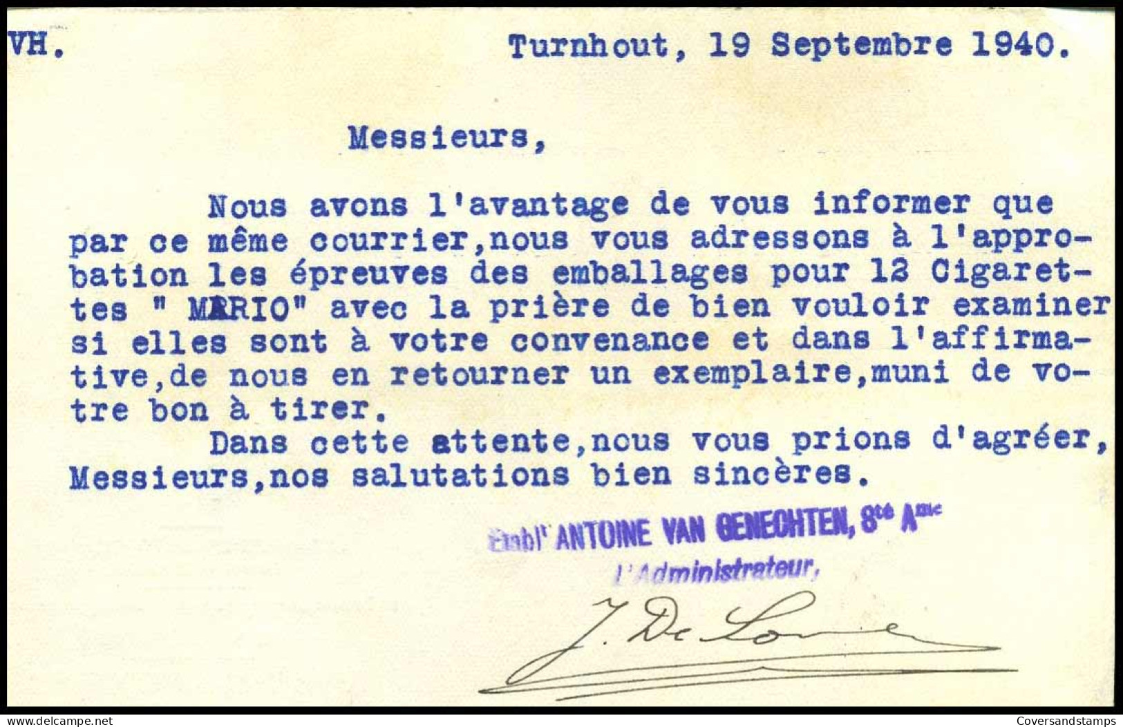 479 Op Postkaart Van Turnhout Naar Charleroi- 19/09/1940 - 'Etabl. Antoine Van Genechten, Turnhout' - 1935-1949 Piccolo Sigillo Dello Stato