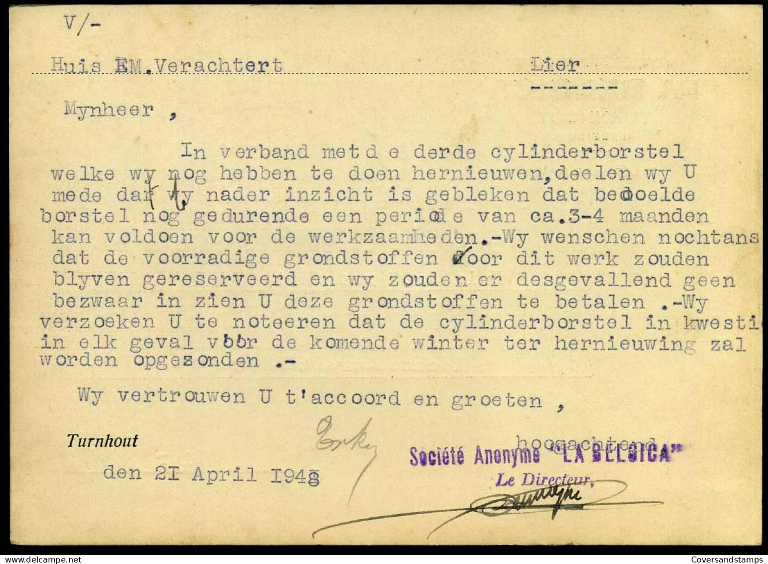 479 Op Postkaart Van Turnhout Naar Lier- 21/04/1941 - 'Société Anonyme La Belgica, Turnhout' - 1935-1949 Kleines Staatssiegel