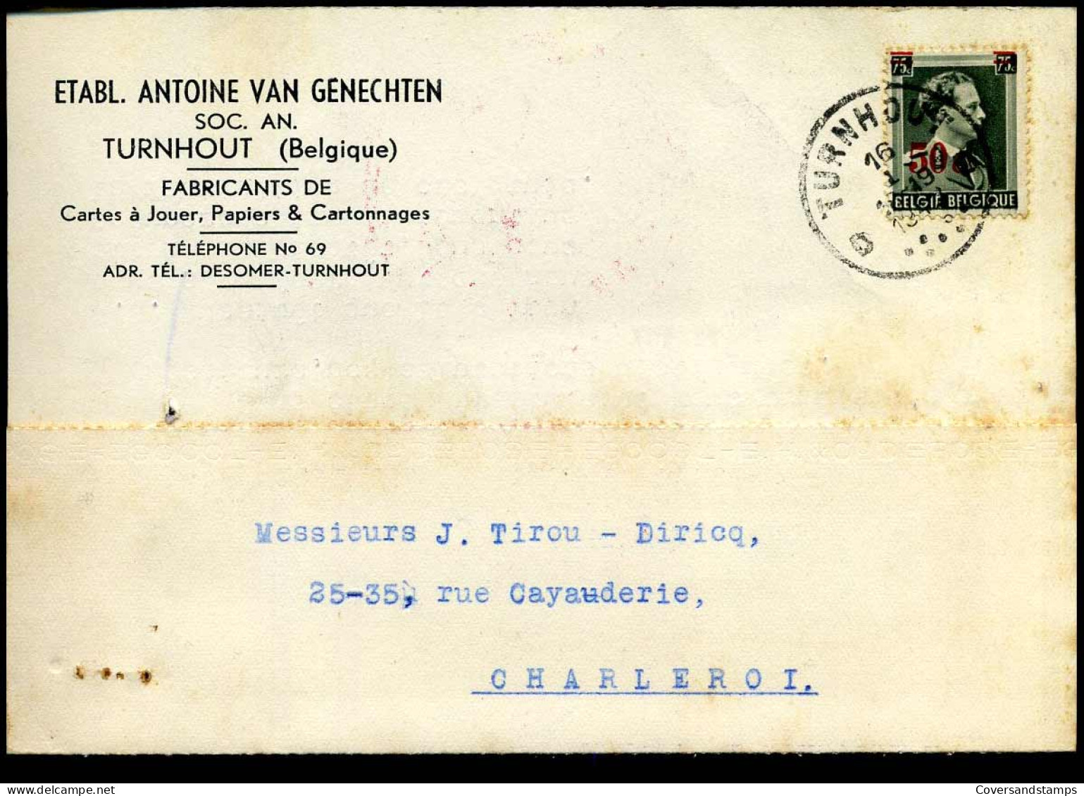571 Op Postkaart Van Turnhout Naar Charleroi - 04/10/1941 - 'Etabl. Antoine Van Genechten, Turnhout' - 1936-1957 Offener Kragen