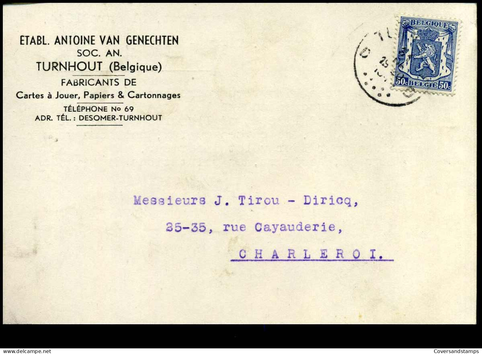 527 Op Postkaart Van Turnhout Naar Charleroi - 31/03/1943 - 'Etabl. Antoine Van Genechten, Turnhout' - 1935-1949 Sellos Pequeños Del Estado