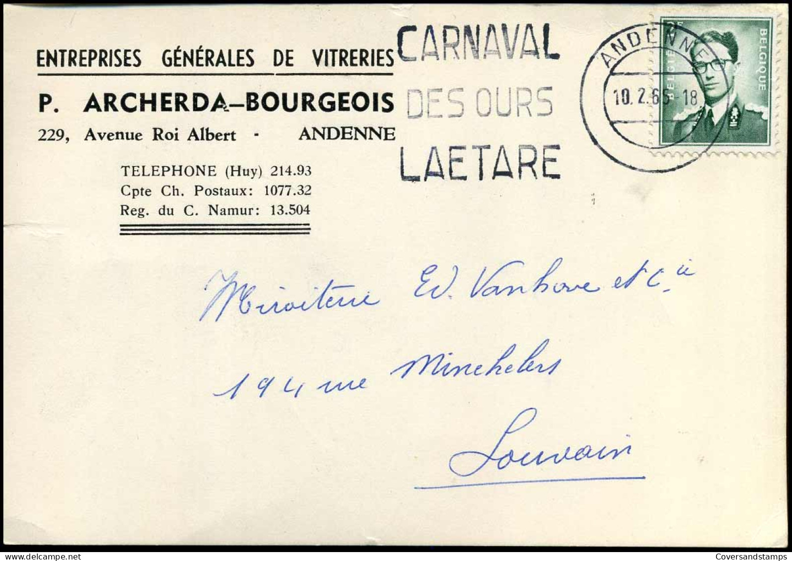1066 Op Postkaart - "Entreprises Générales De Vitretries - P. Archerda-Bourgeois, Andenne" - 1953-1972 Bril