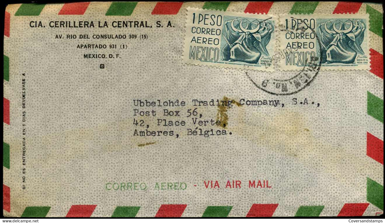 Airmail Cover To Antwerp, Belgium - "Cia. Cerillera La Central S.A., Mexico" - Nicaragua