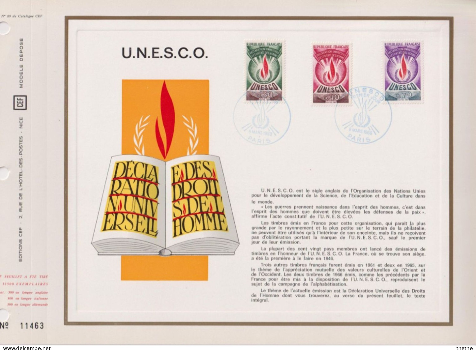 FRANCE - U.N.E.S.C.O. Déclaration Universelle Des Droits De L'Homme - 1960-1969