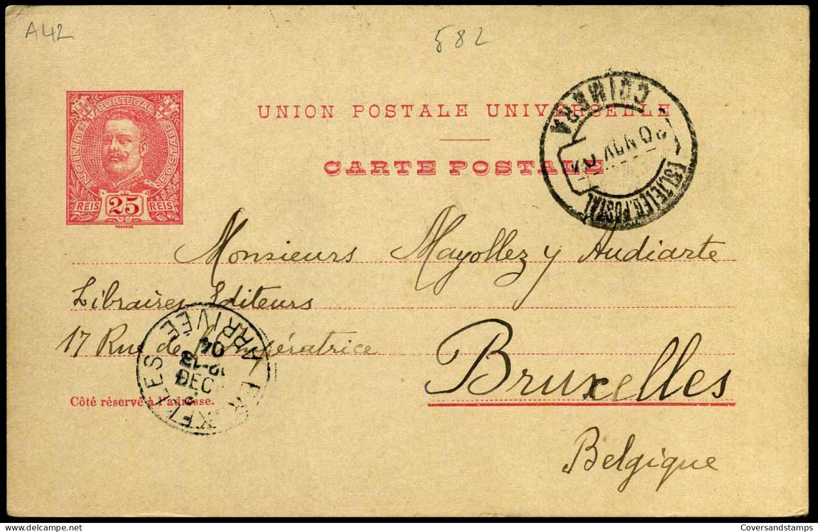Bilhete Postal 25 Reis To Brussels, Belgium - 30/11/1904 - Enteros Postales