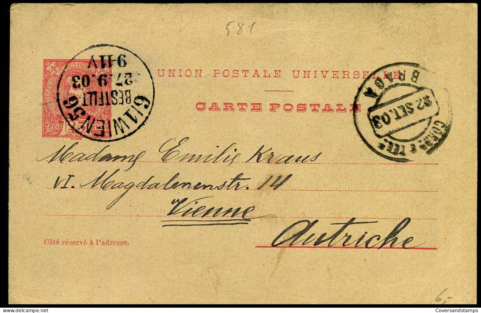Bilhete Postal 25 Reis To Vienna, Austria - 22/09/1903 - Enteros Postales