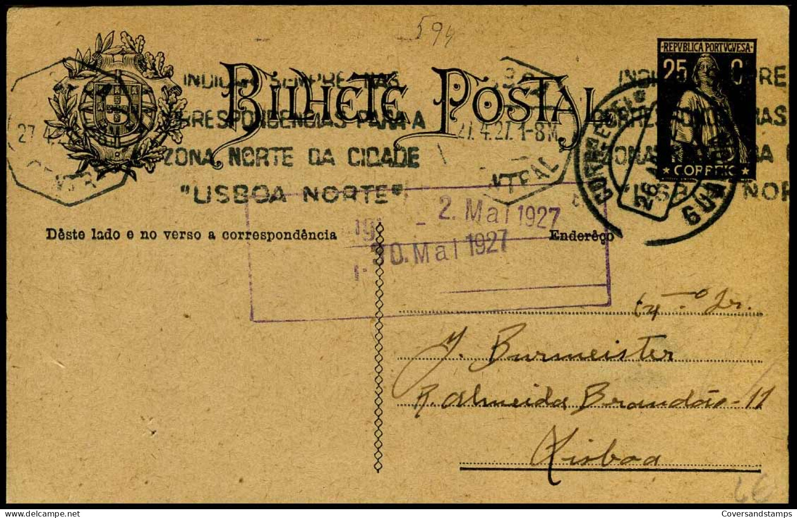 Bilhete Postal To Lisboa 02/05/1927 - Entiers Postaux