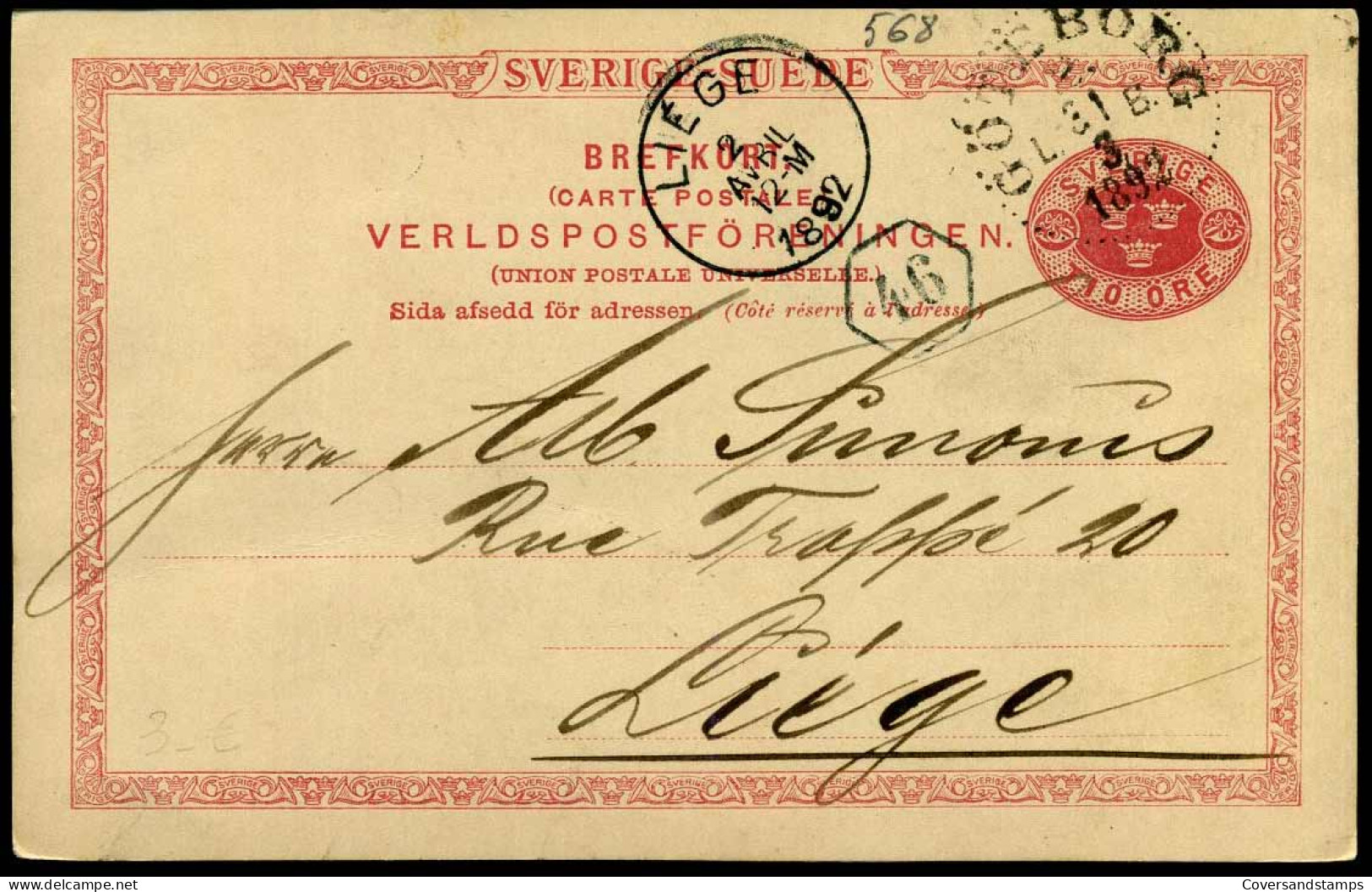 Brefkort (Carte Postale) To Liège, Belgium In 1892 - 'Wilh. Denninghoff, Göteborg' - Enteros Postales