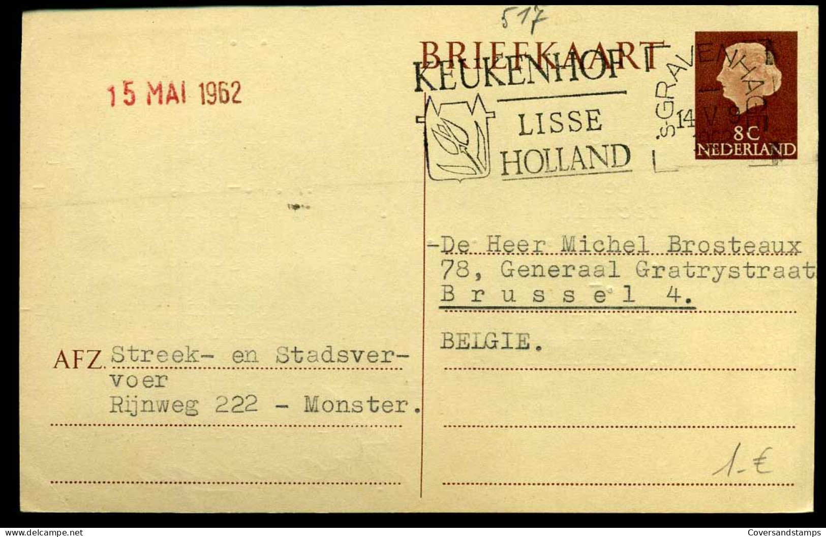 Briefkaart Van 's Gravenhage Naar Brussel, België - Vlagstempel : Keukenhof, Lisse - Lettres & Documents