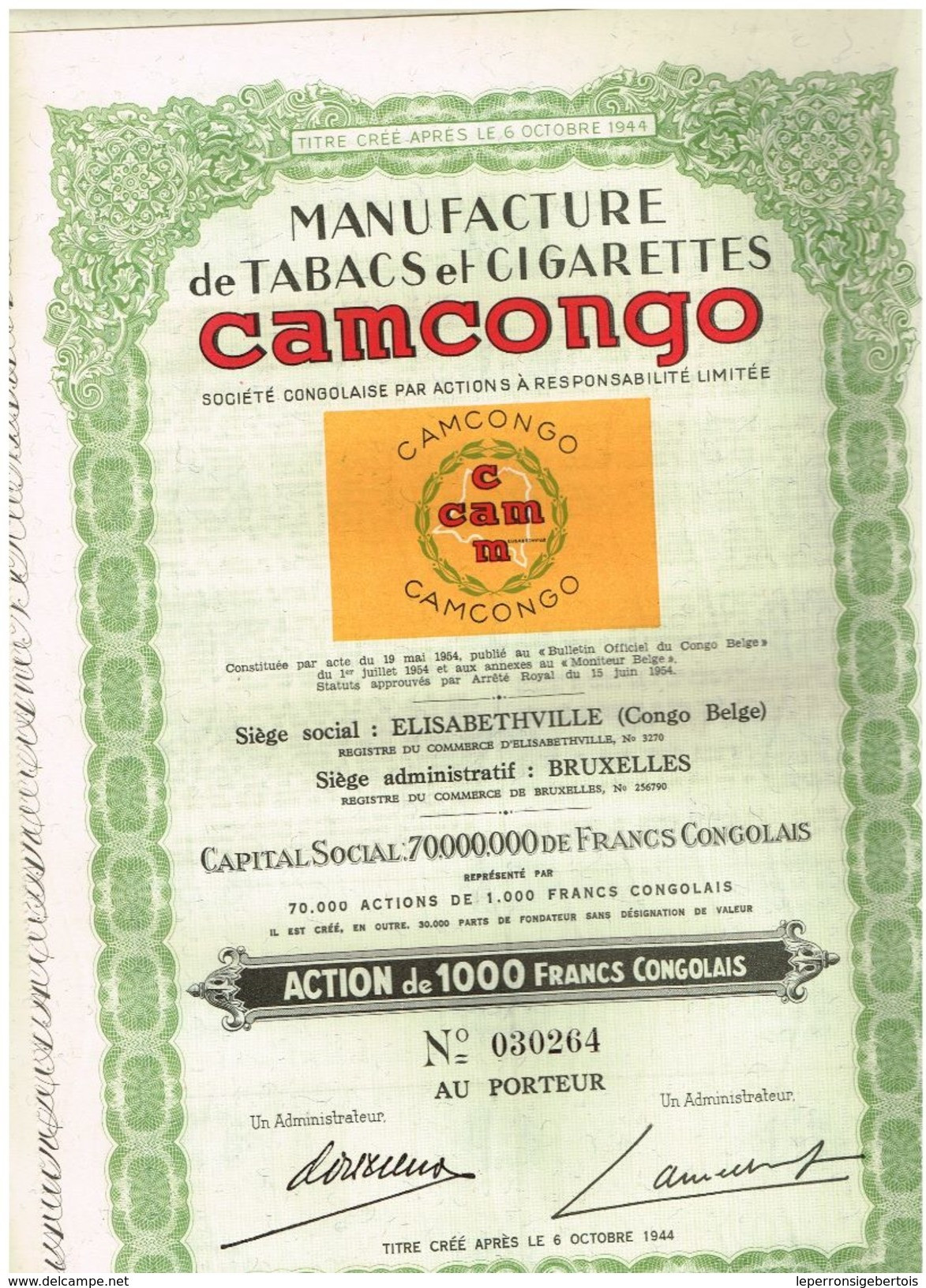 Titre De 1954 - Manufacture De Tabac Et Cigarettes - CAMCONGO - N° 030257 - Afrika