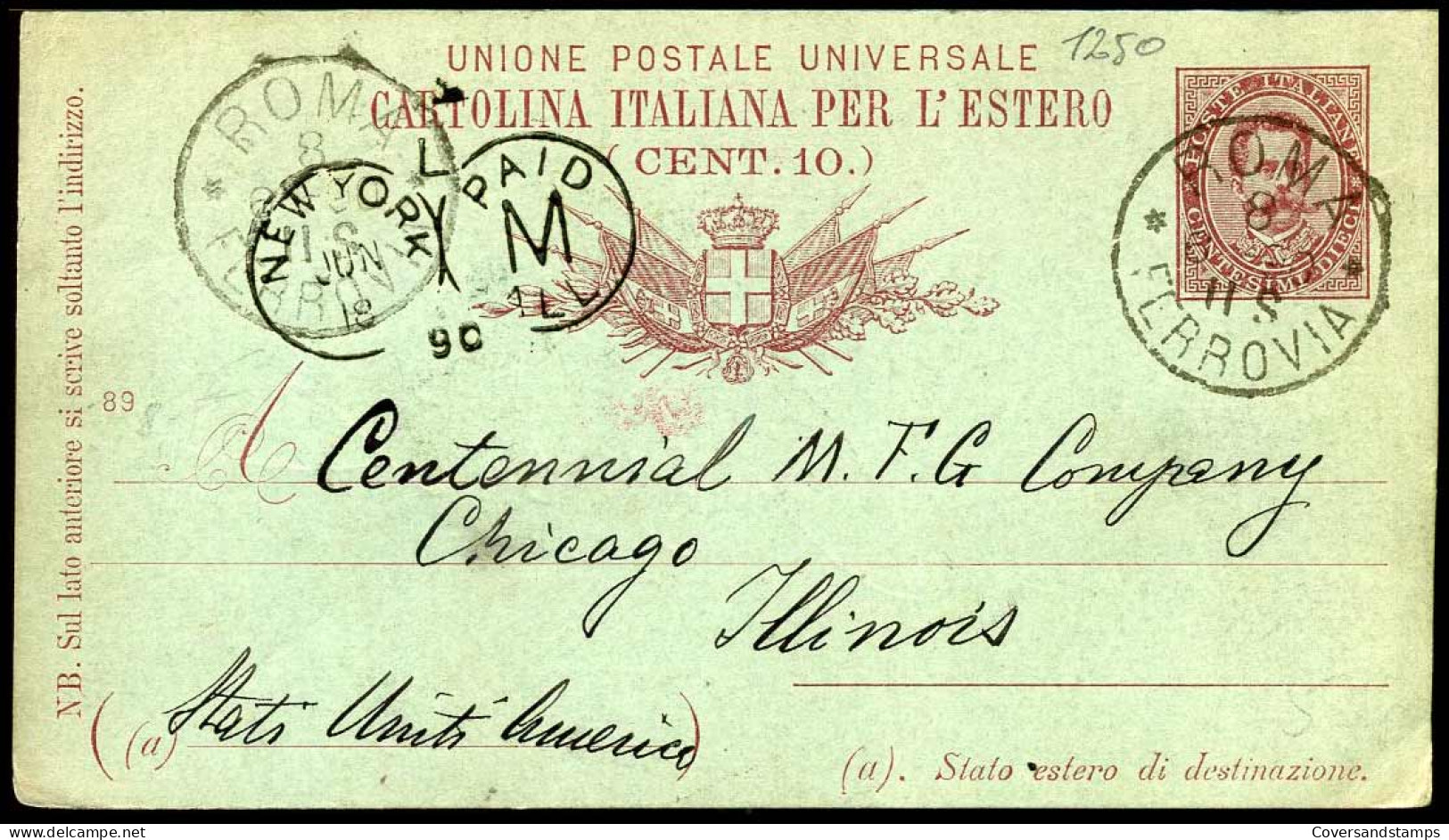 Cartolina Italiana Per L'Estero - 10 Ct. - Roma Ferrovia To Chicago, Illinois - 1890 - Postwaardestukken