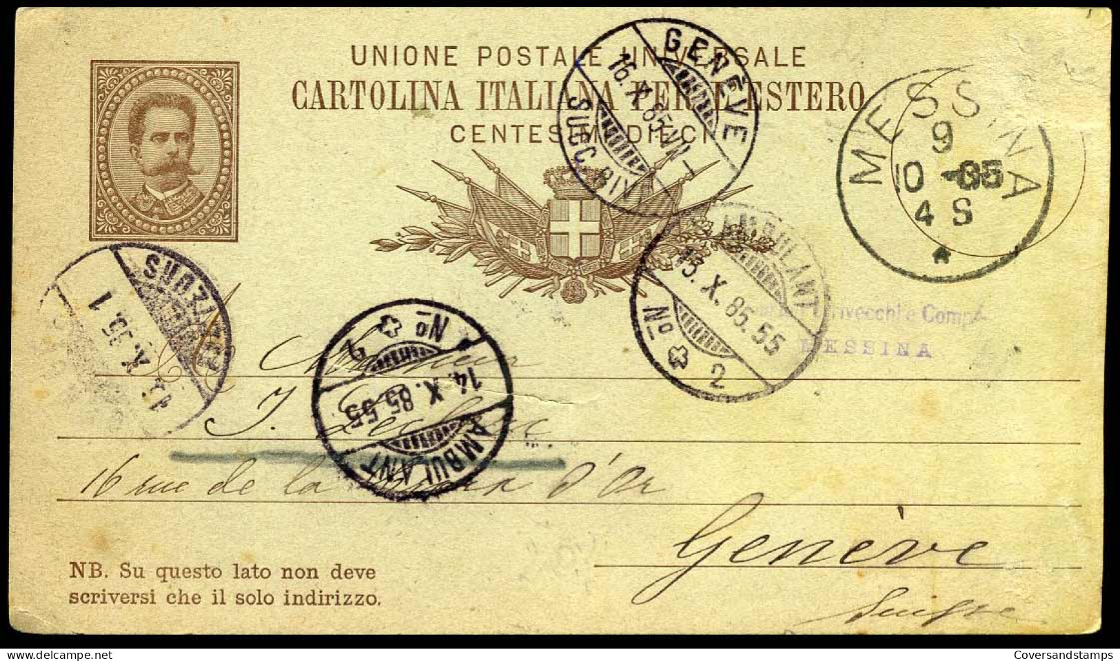 Cartolina Italiana Per L'Estero - From Messina To Geneva - Stamped Stationery