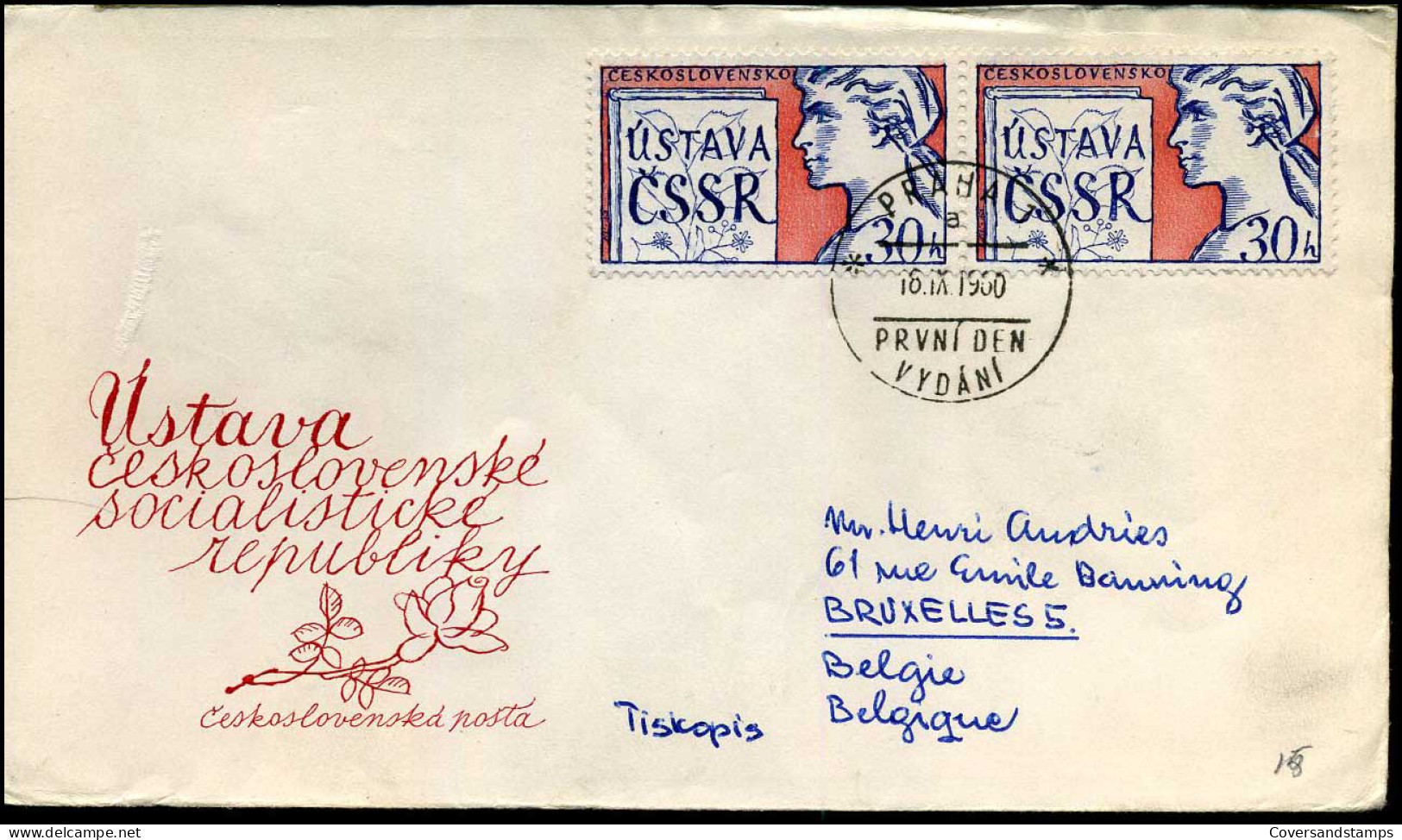 Cover From Prague To Brussels, Belgium - Lettres & Documents