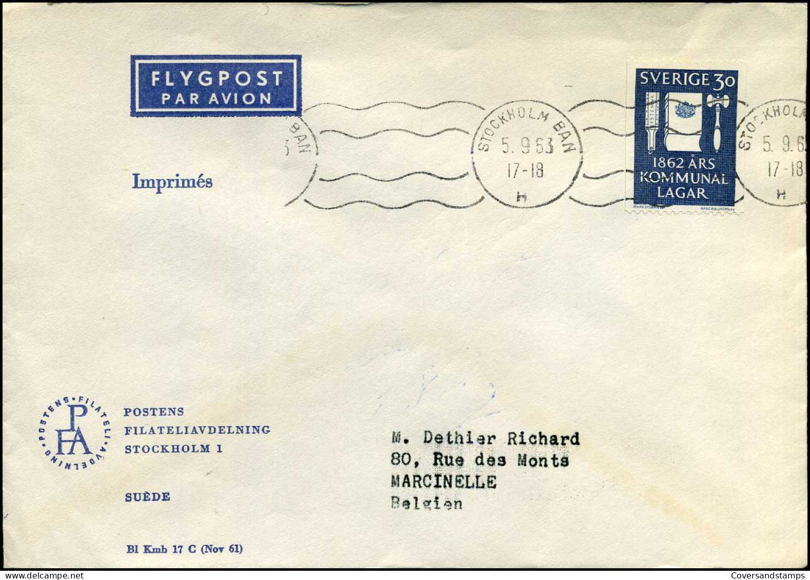 Cover From Stockholm To Marcinelle, Belgium - Lettres & Documents
