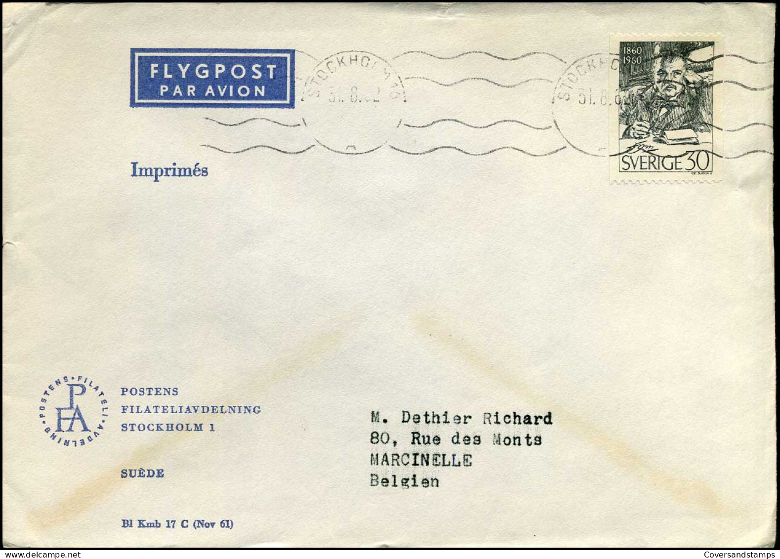 Cover From Stockholm To Marcinelle, Belgium - Lettres & Documents