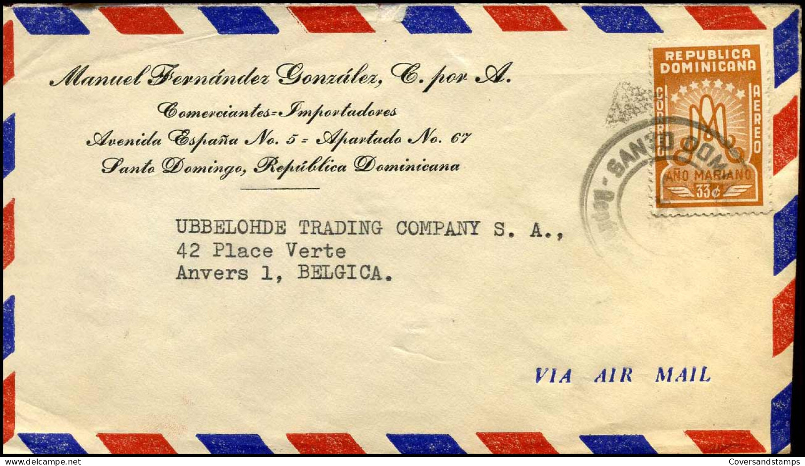 Cover To Antwerp, Belgium - ' Manuel Fernandez Gonzalez, C. Por A., Santo Domingo' - Dominikanische Rep.