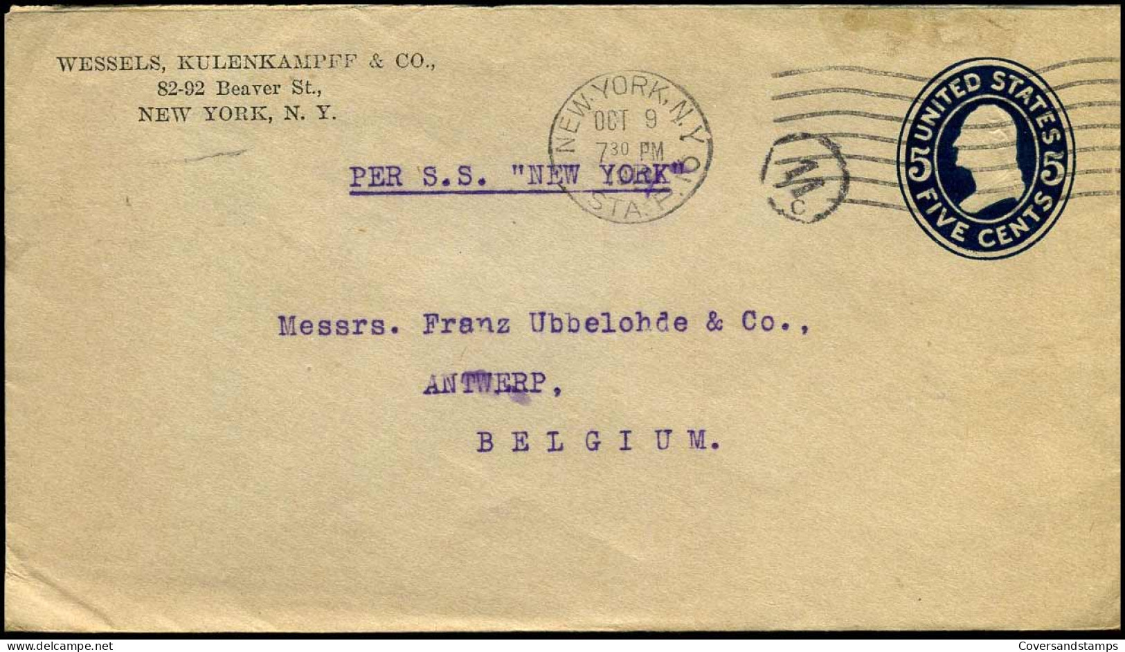 Cover To Antwerp, Belgium - Per S.S. "New York" - "Wessels, Kulenkampff & Co, New York" - Covers & Documents