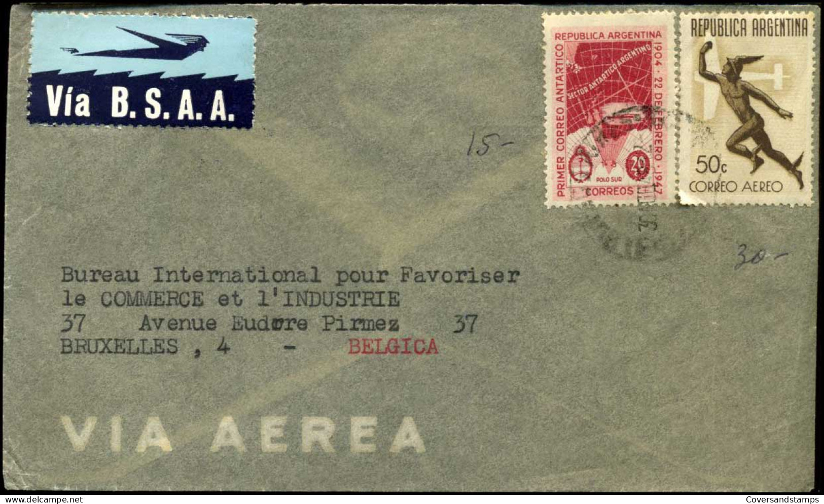 Cover To Brussels, Belgium - Via B.S.A.A. -- "Primer Correo Antartico" - Airmail