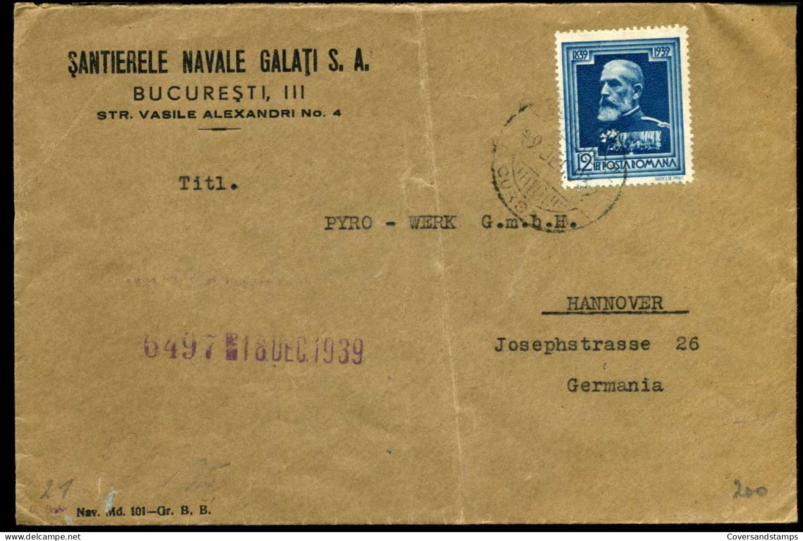 Cover To Hannover, Germany - "Santierele Navale Galati S.A., Bucuresti" - Covers & Documents